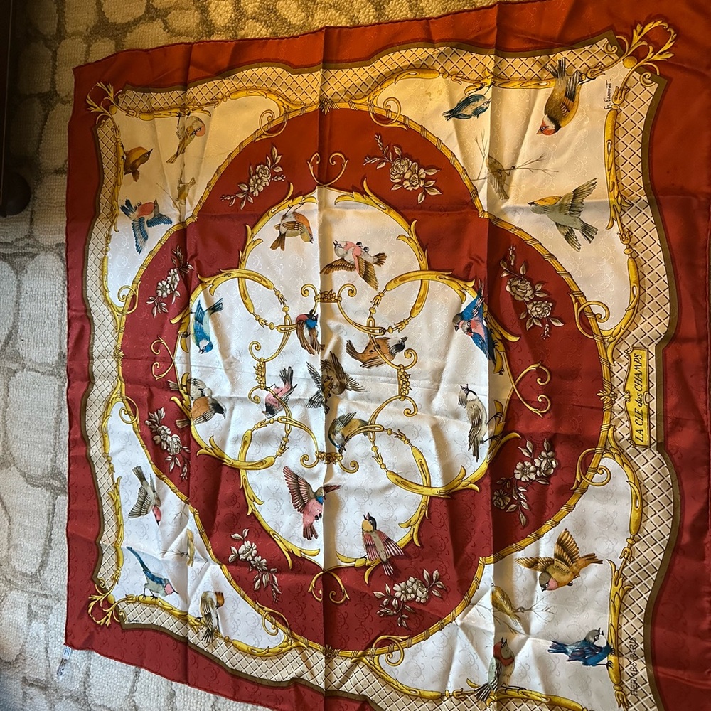 Hermès Red and Gold Bird Print Scarf